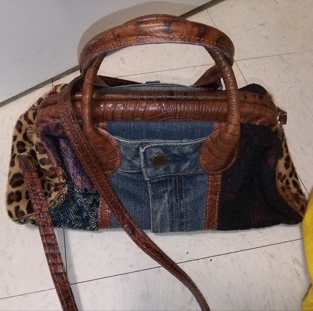 Blue and Brown Leather Denim Satchel with Animal Print